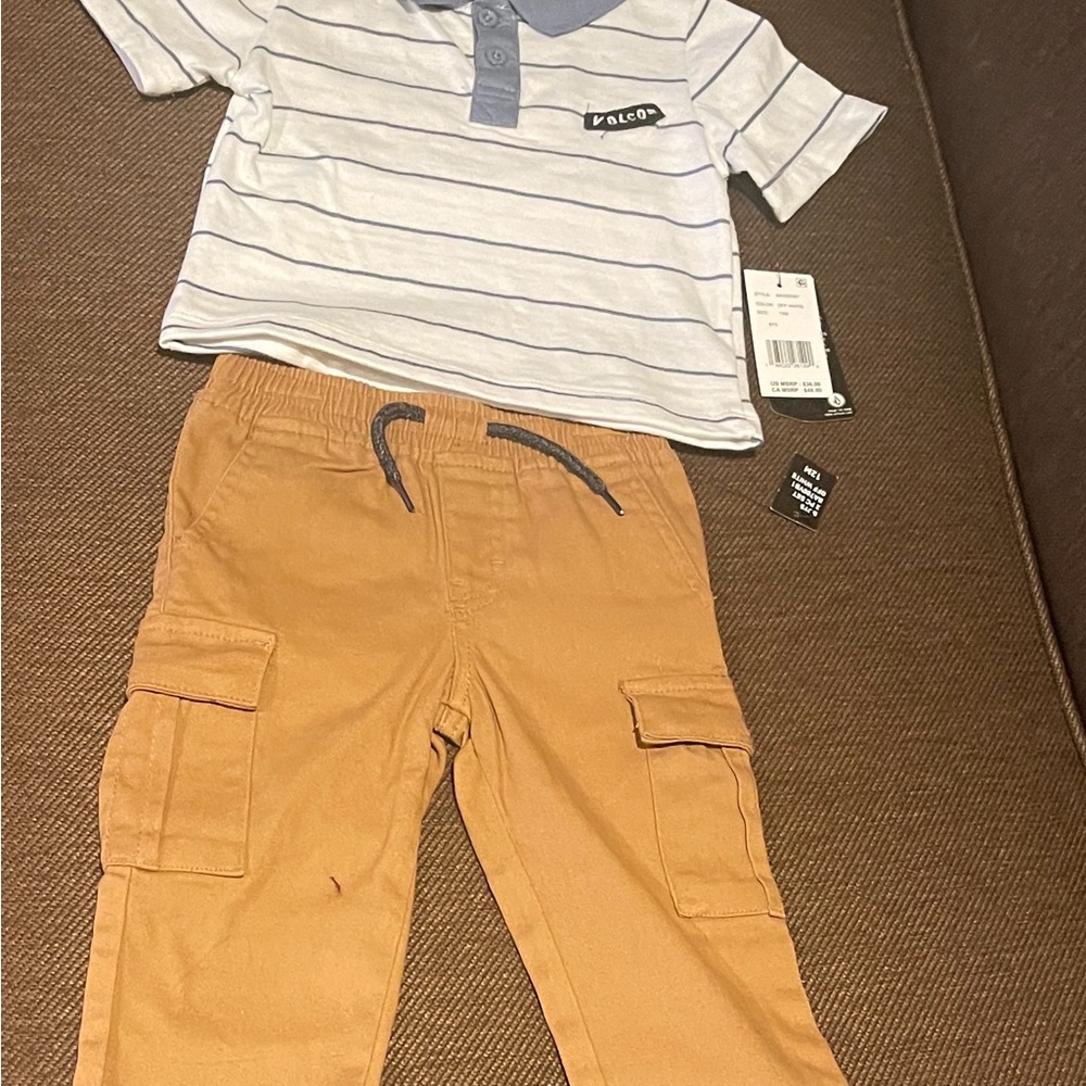 Volcom Striped Polo & Tan Cargo Pants Set